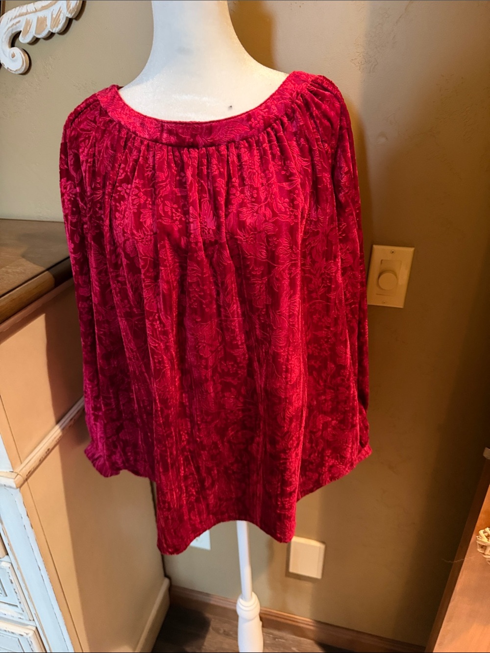 Umgee Deep Red Velvet Peasant Top